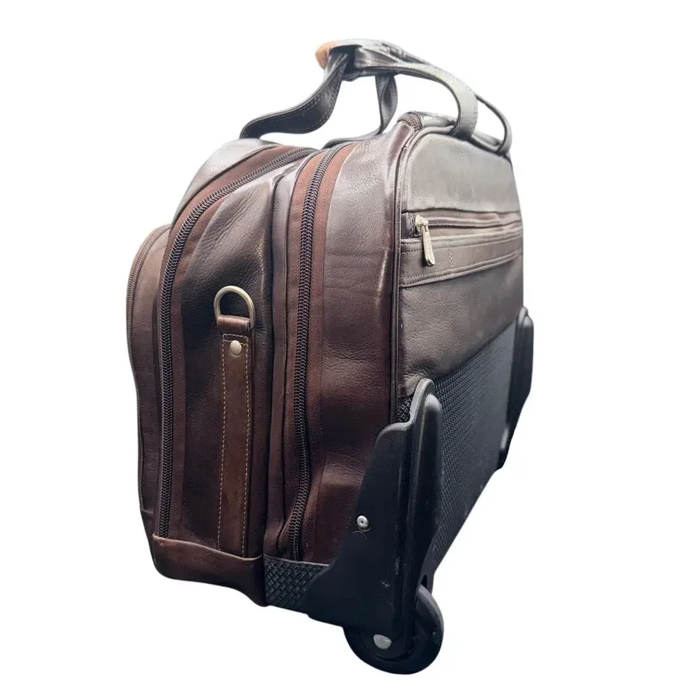 Piel Leather Rolling Laptop Briefcase Brown Wheeled Carry On Travel Bag